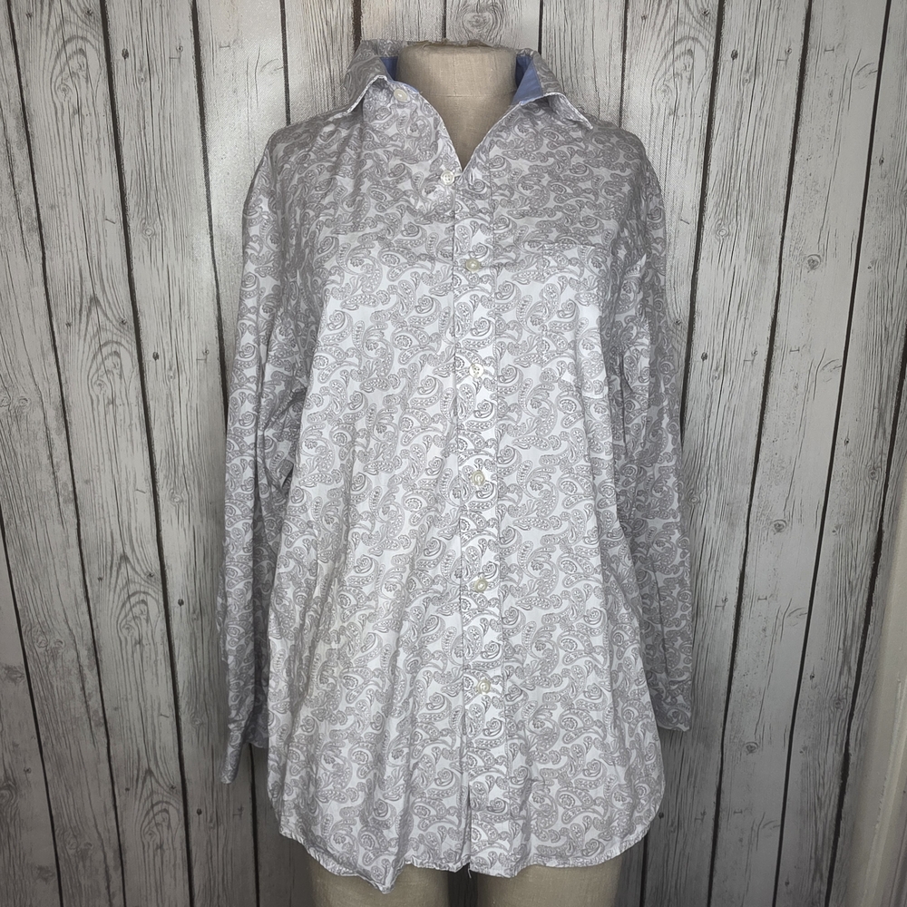 Tasso Elba White Shirt with Light Gray Paisley Print Office Wear Wedding Guest